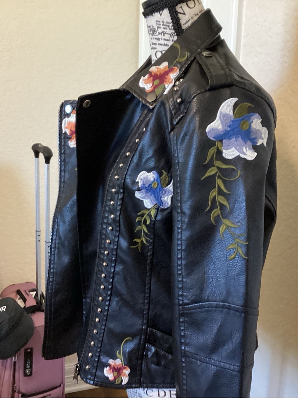Black Floral Studded Faux Leather Jacket - Women's - Picture 2 of 3